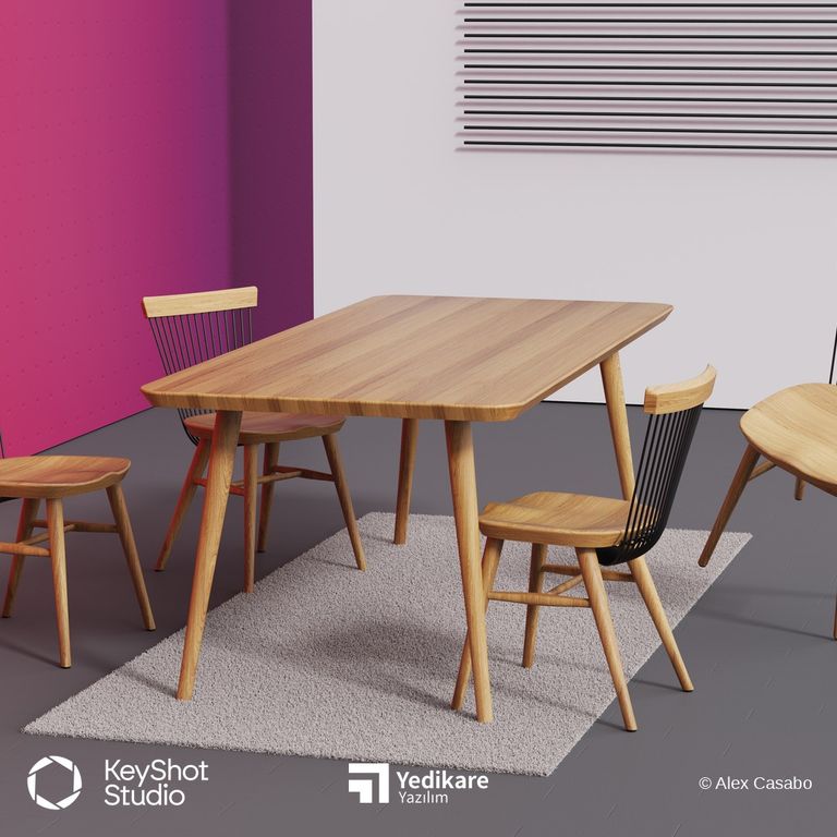 Alex Casabo'nun KeyShot ile render ettiği, ahşap masa ve sandalyelerden oluşan mobilya sahnesi