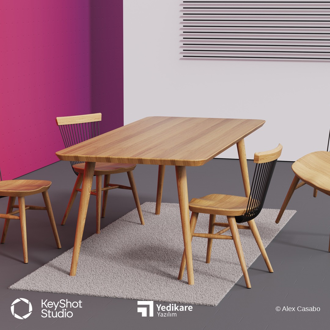 Alex Casabo'nun KeyShot ile render ettiği, ahşap masa ve sandalyelerden oluşan mobilya sahnesi