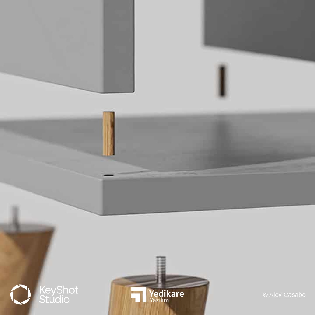 Alex Casabo'nun KeyShot ile render ettiği, mobilya ayağı ve montaj detayının yakın plan görünümü