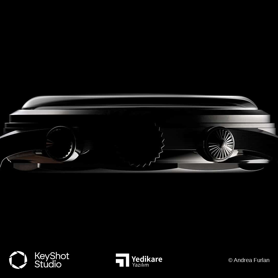 Andrea Furlan'ın KeyShot ile render ettiği, koyu zeminde duran saat kasasının yan profil görünümü