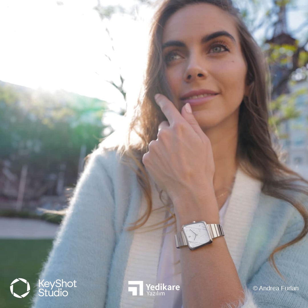 Andrea Furlan'ın KeyShot render'ının gerçek fotoğrafla birleştirildiği, kadın modelin kolundaki saat görseli