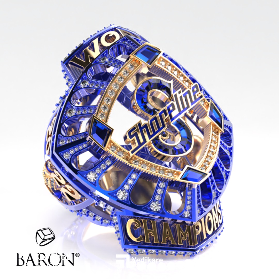 Baron'ın KeyShot ile render ettiği, mavi taşlar ve altın harflerle işlenmiş şampiyona yüzüğü