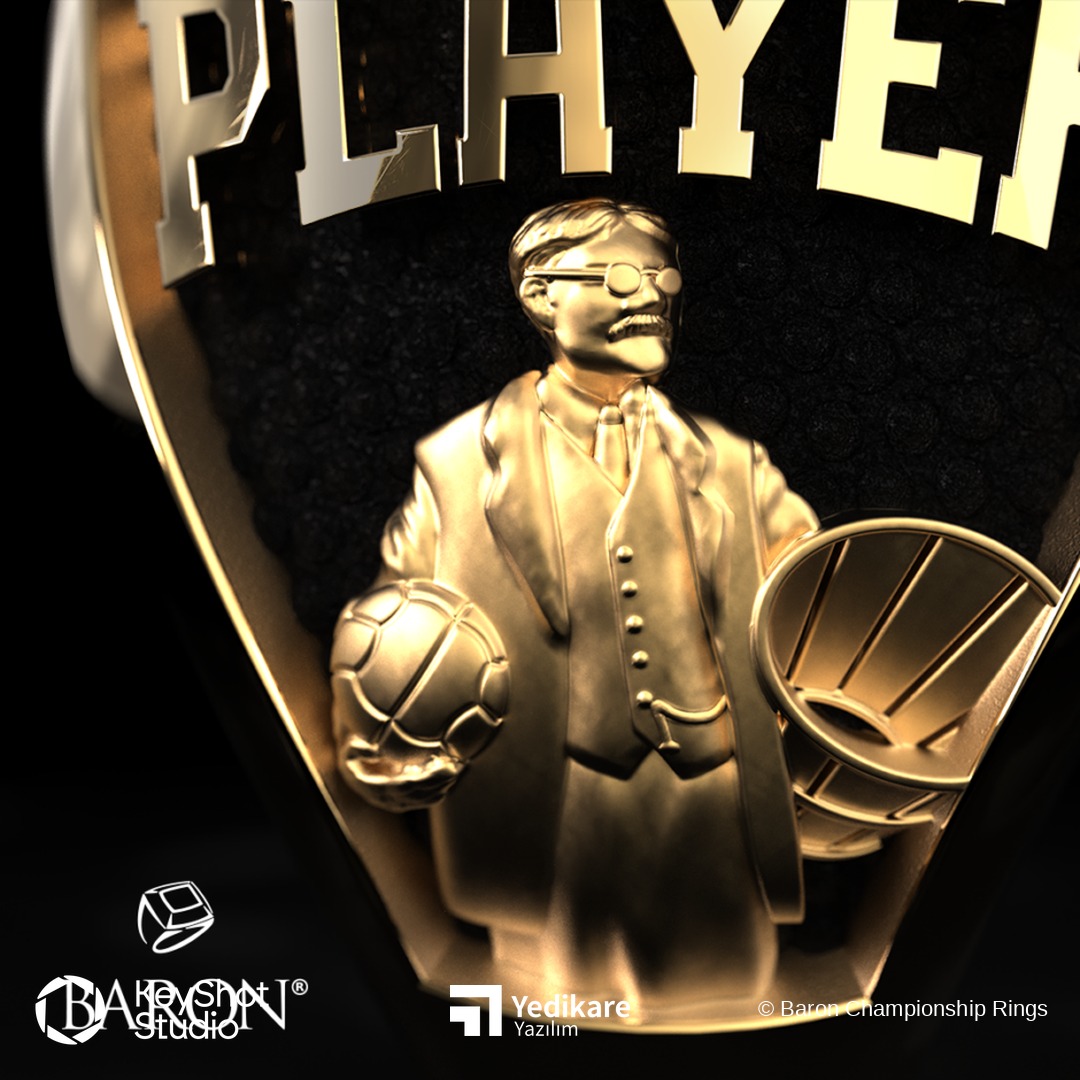 Baron'ın KeyShot ile render ettiği, altın kabartma oyuncu figürü ve Player yazısı detayı