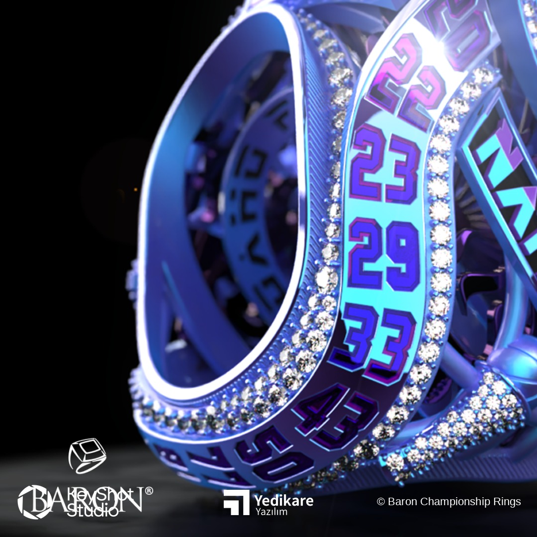 Baron'ın KeyShot ile render ettiği, mor ve mavi taşlarla süslü forma numaralı şampiyona yüzüğü