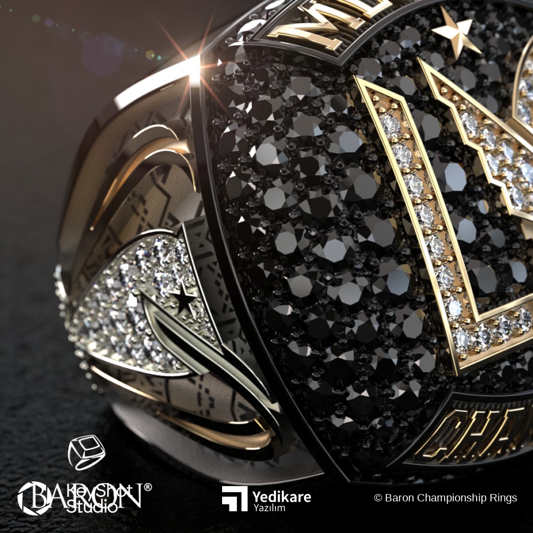 Baron'ın KeyShot ile render ettiği, siyah taşlarla kaplı MLS Cup şampiyonluk yüzüğünün yakın plan görünümü
