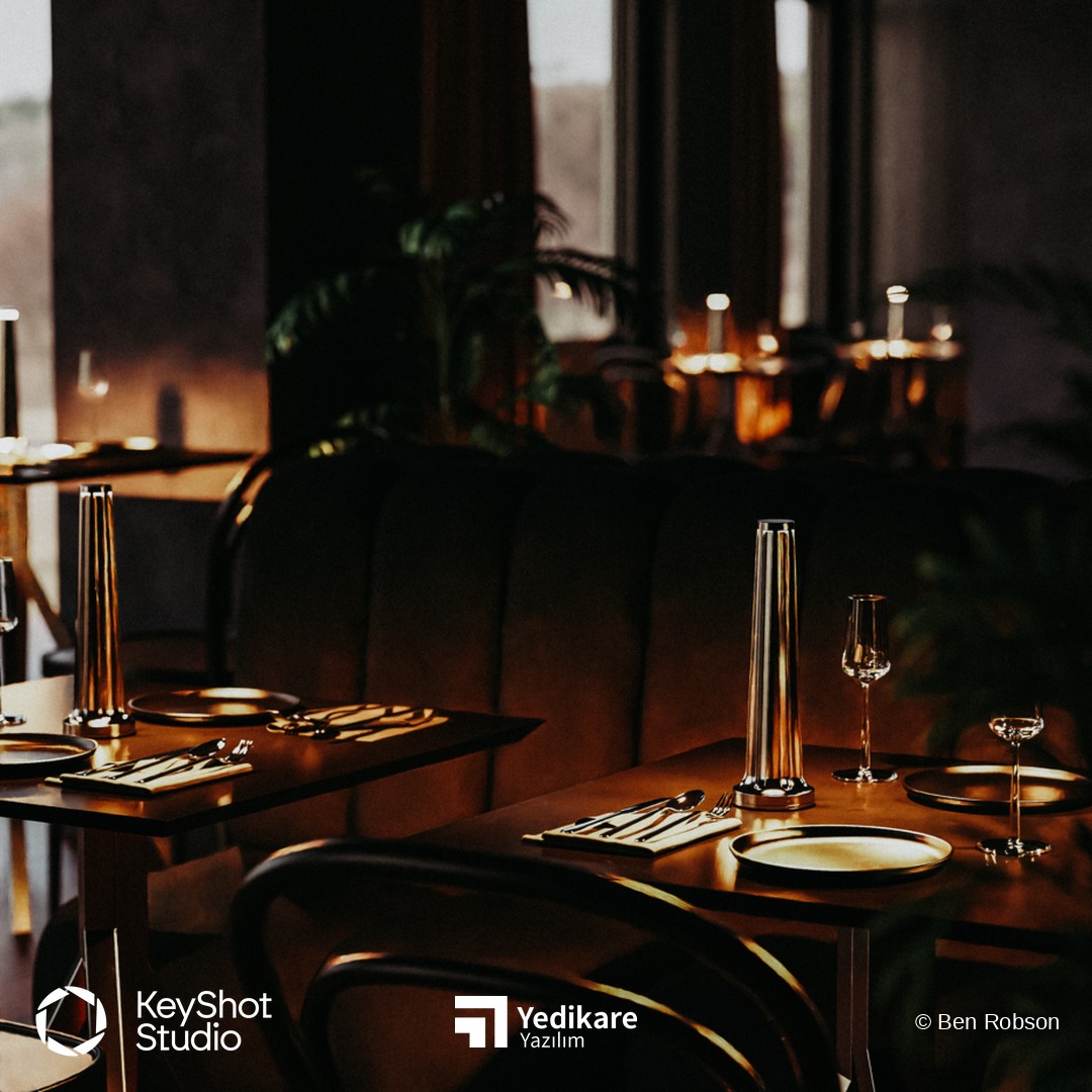 Ben Robson'ın KeyShot ile hazırladığı, koyu tonlu restoran iç mekanı render'ı