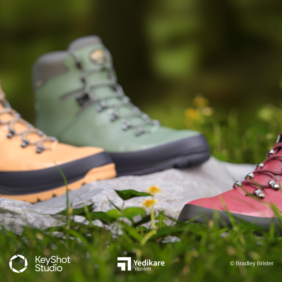 Bradley Brister'ın KeyShot ile render ettiği, çimen ve kır çiçekleri arasında duran Meindl trekking botları