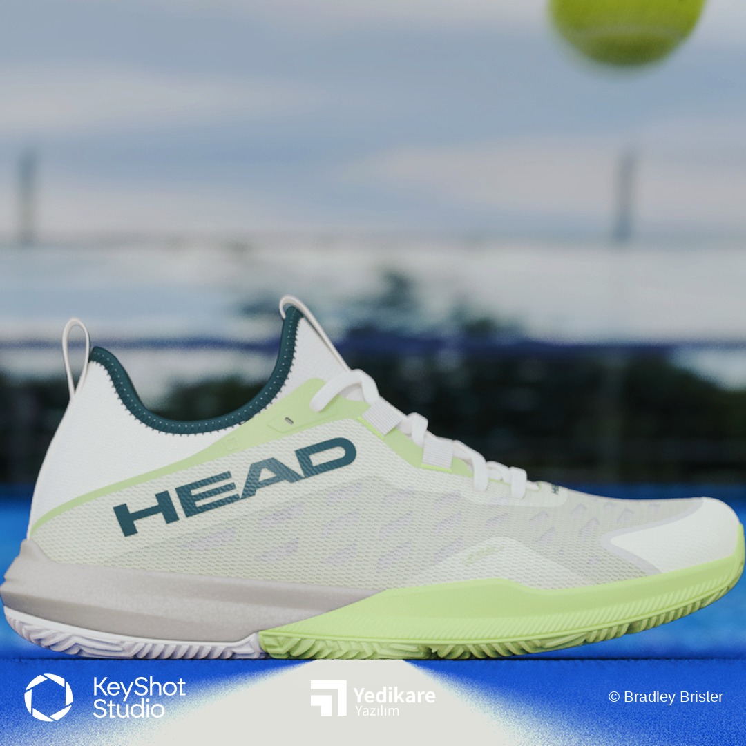 Bradley Brister'ın KeyShot ile render ettiği, tenis kortu zemininde duran Head performans ayakkabısı