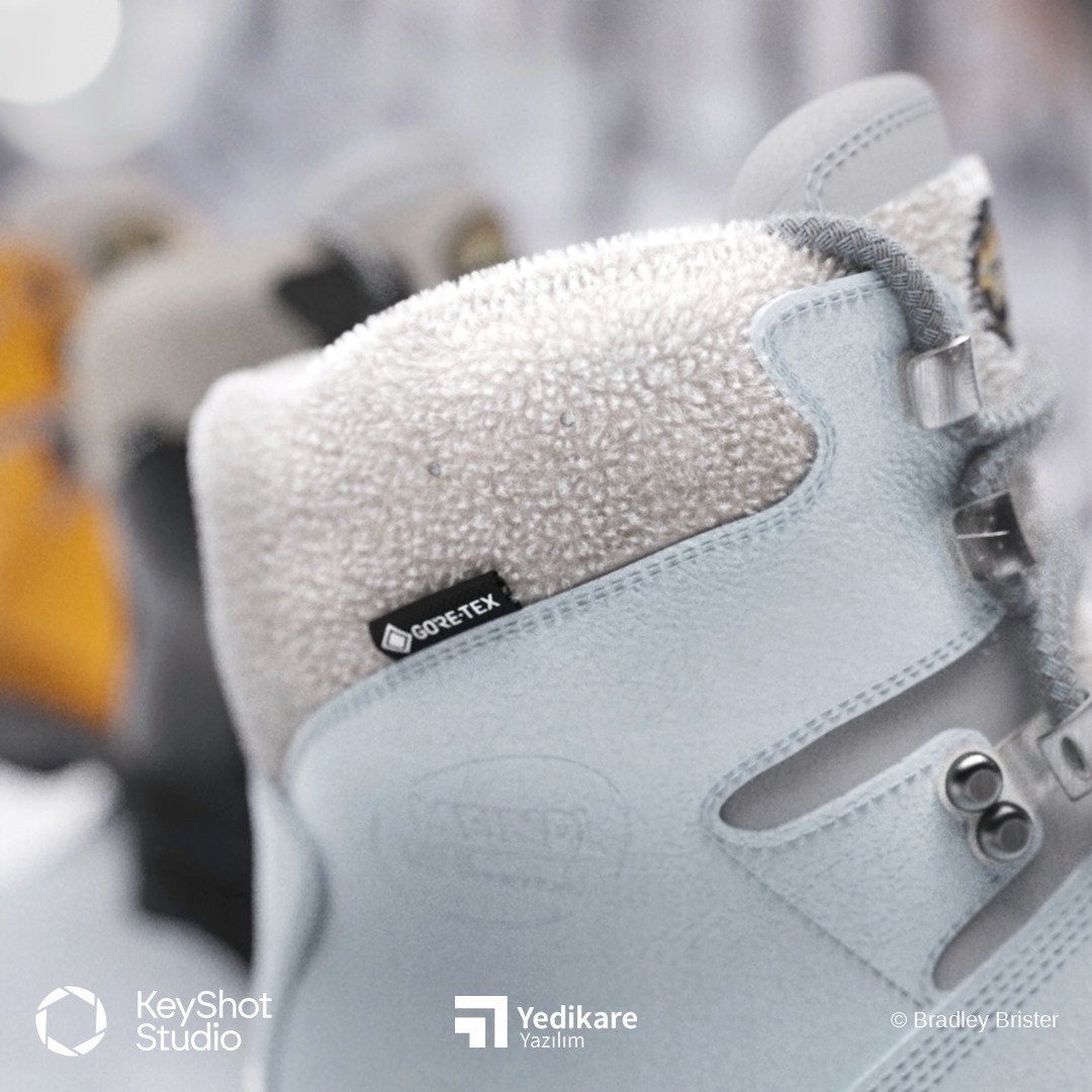 Bradley Brister'ın KeyShot ile render ettiği, kürk astar ve Gore-Tex etiketiyle bot detayının yakın plan görünümü