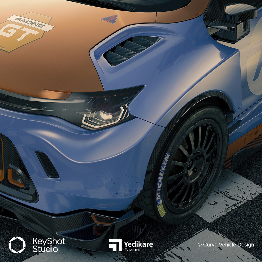 Curve Vehicle Design'in KeyShot ile render ettiği, kaput havalandırması ve far detayının yakın plan görünümü