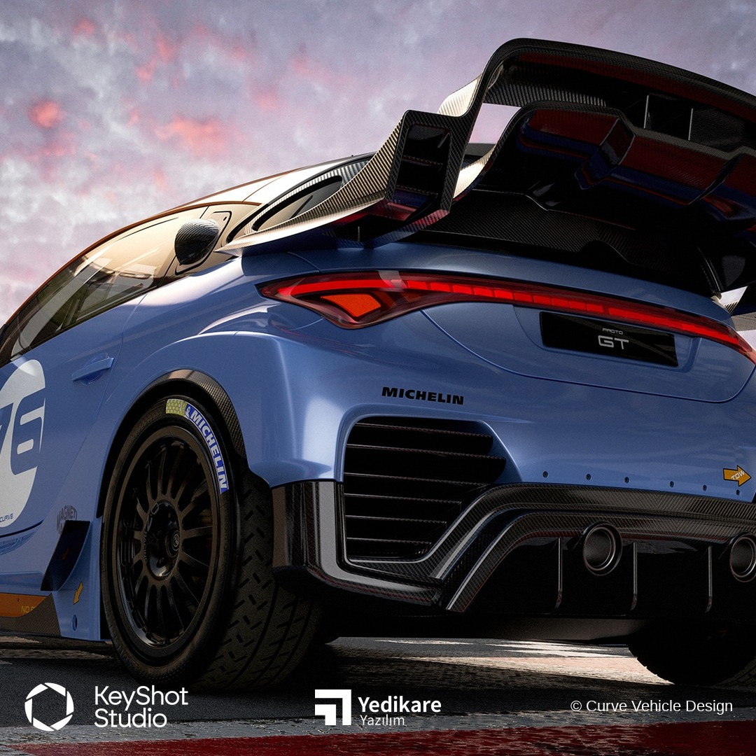 Curve Vehicle Design'in KeyShot ile render ettiği, arka kanat ve difüzör detaylı mavi konsept aracın arkadan görünümü