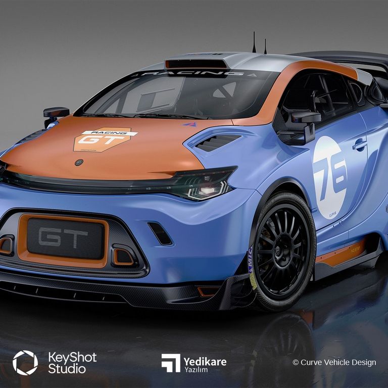Curve Vehicle Design'in KeyShot ile render ettiği, turuncu ve mavi yarış renklerine sahip konsept GT aracı