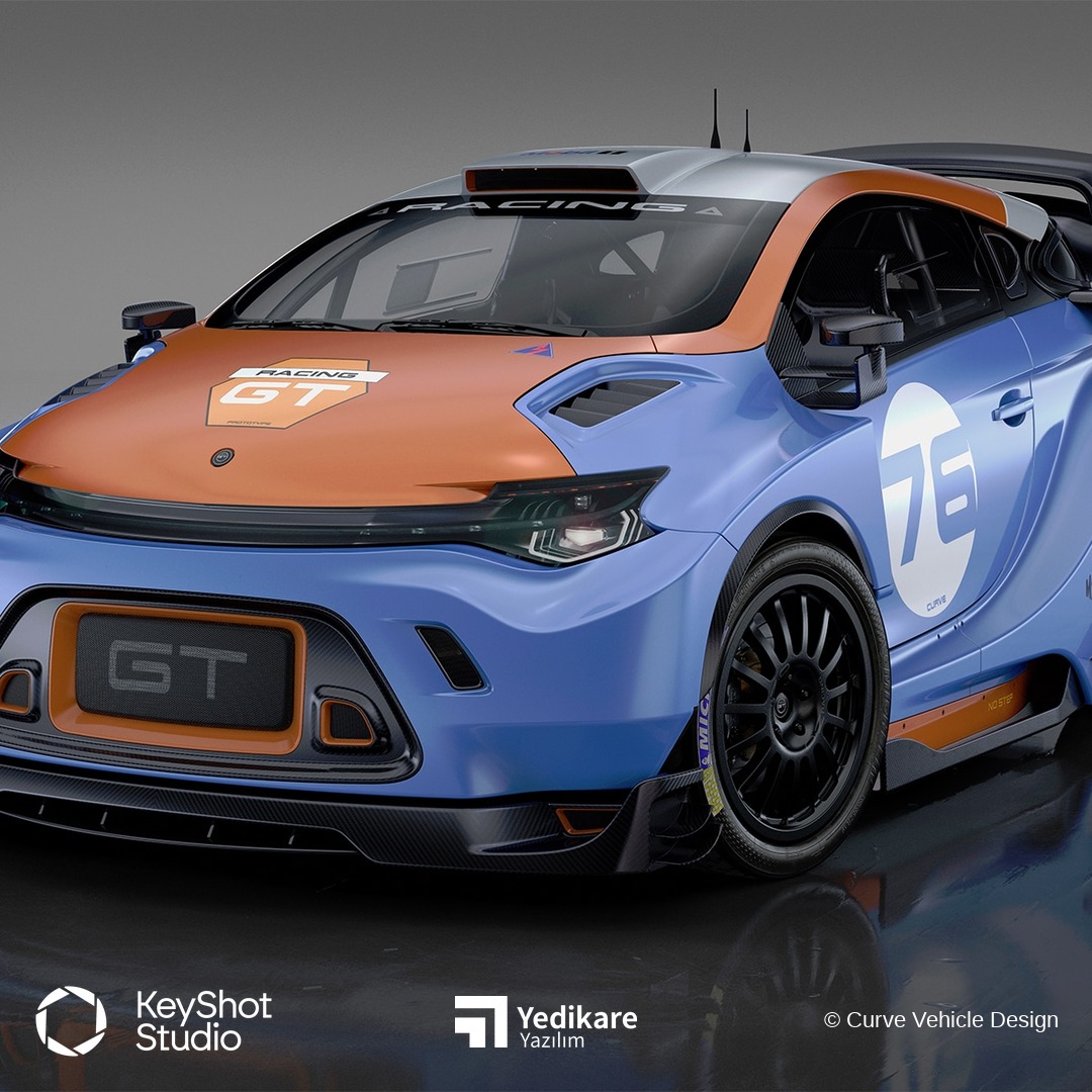 Curve Vehicle Design'in KeyShot ile render ettiği, turuncu ve mavi yarış renklerine sahip konsept GT aracı