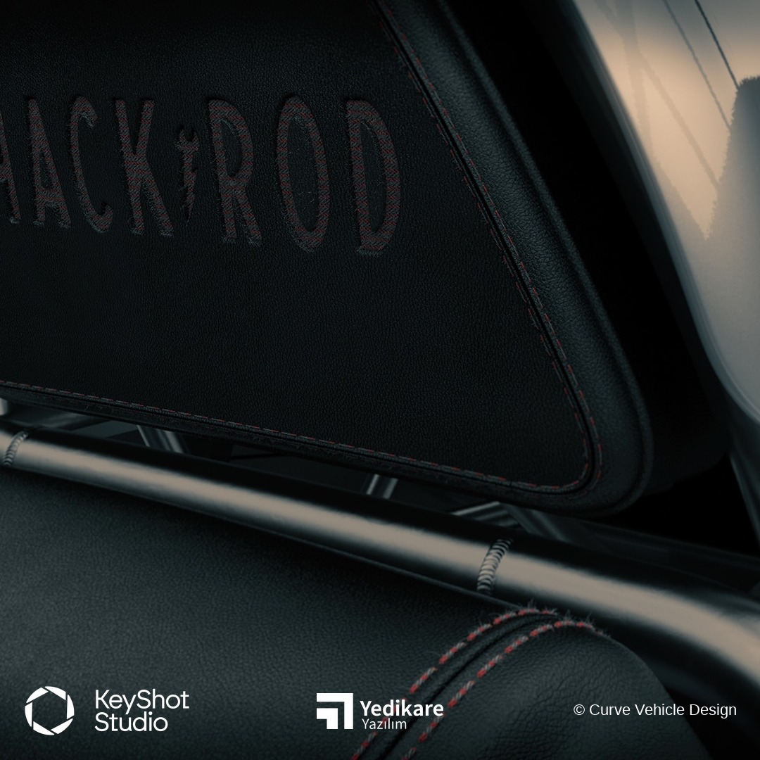 Curve Vehicle Design'in KeyShot ile render ettiği, dikişli deri döşeme üzerine işlenmiş Black Rod yazısı detayı