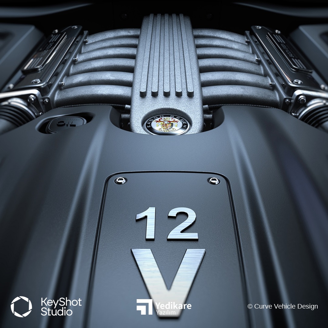 Curve Vehicle Design'in KeyShot ile render ettiği, V12 motor kapağının yakın plan görünümü