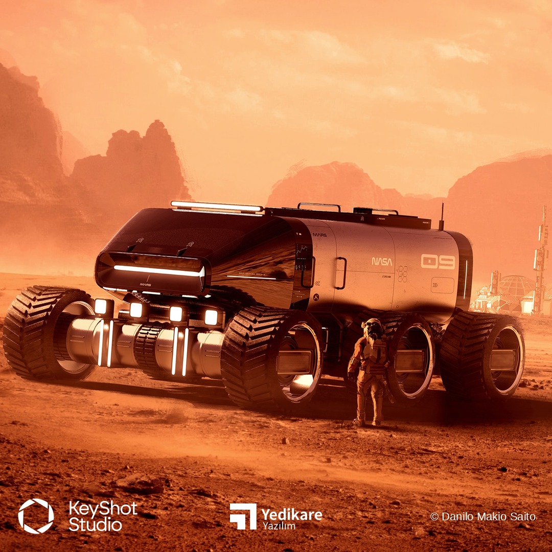 Danilo Makio Saito'nun KeyShot ile render ettiği, Mars yüzeyinde duran altı tekerlekli keşif aracı konsepti