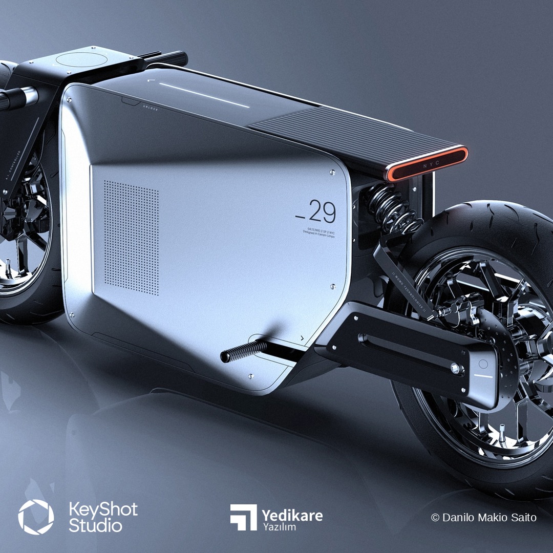 Danilo Makio Saito'nun KeyShot ile render ettiği, beyaz gövdeli elektrikli motosiklet konsepti