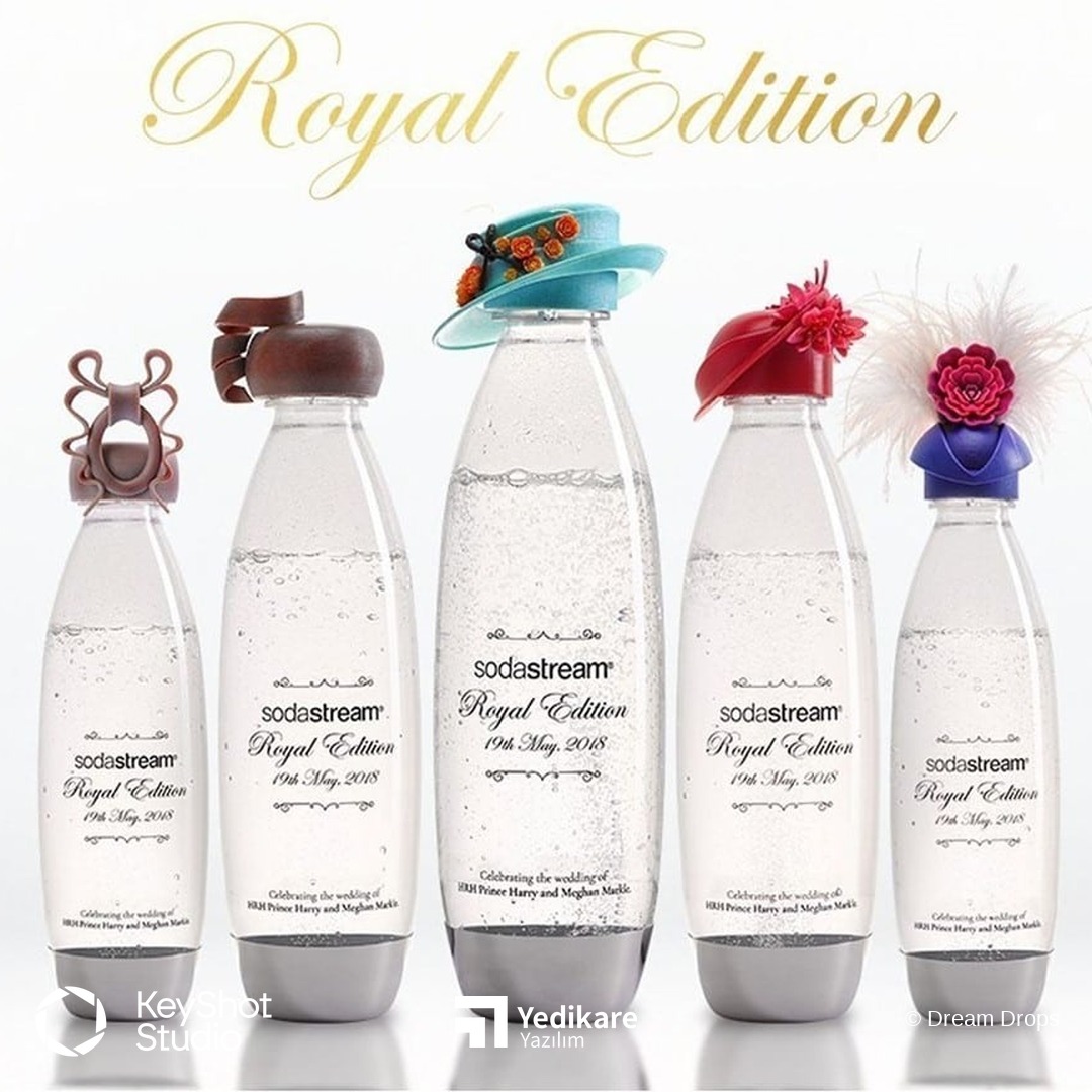 Dream Drops'un SodaStream Royal Edition için tasarladığı, şapka biçimli kapaklara sahip beş şişenin KeyShot render'ı
