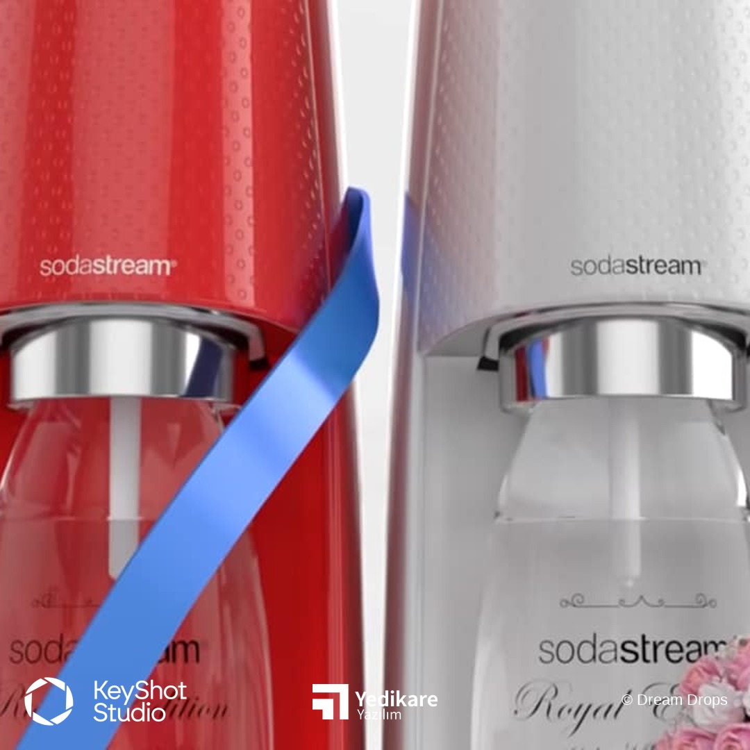 SodaStream Royal Edition kırmızı ve beyaz şişelerin şerit ve kapak detayıyla yakın plan KeyShot render'ı