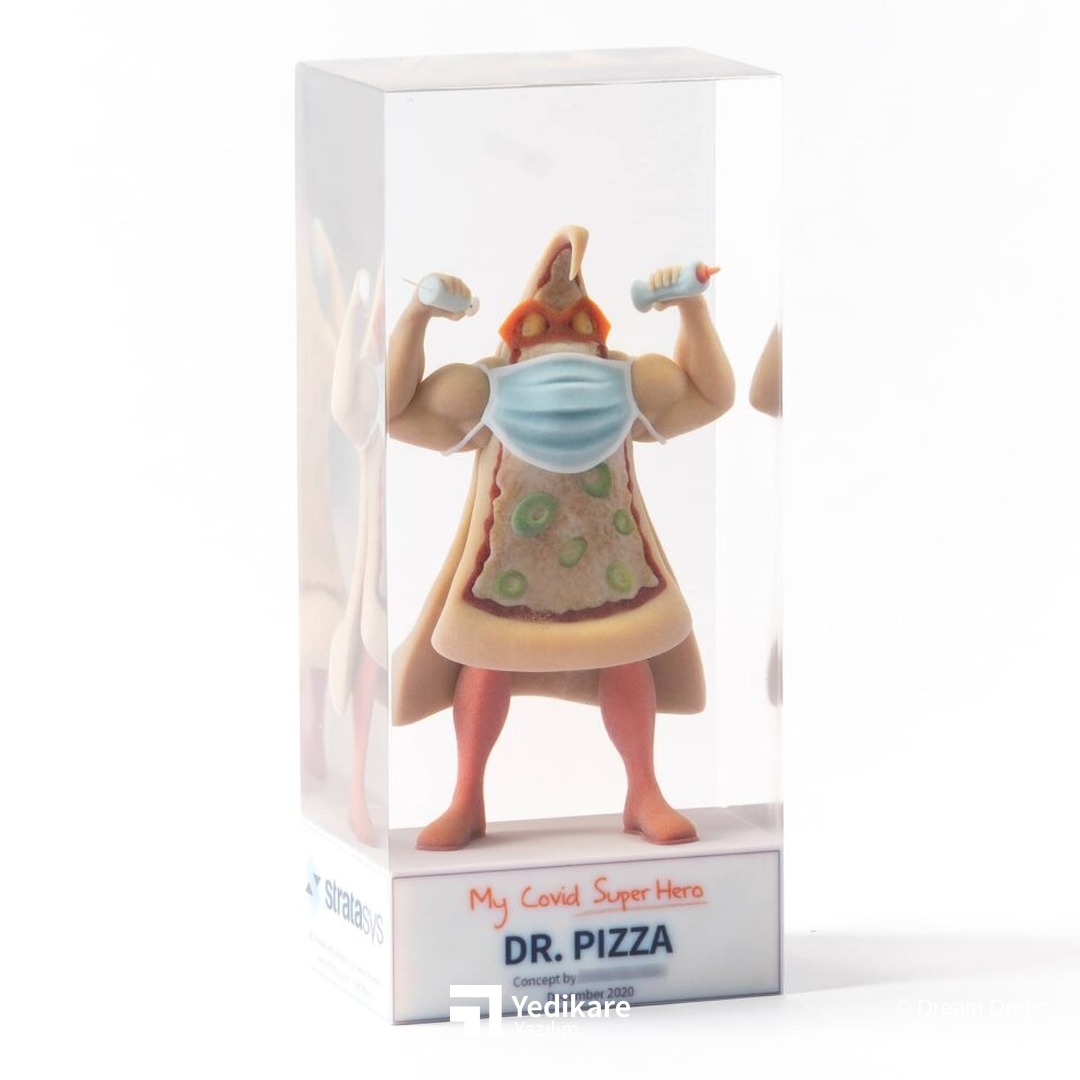 Stratasys My COVID Hero serisinden maskeli Dr. Pizza figürünün şeffaf blok içinde KeyShot render'ı