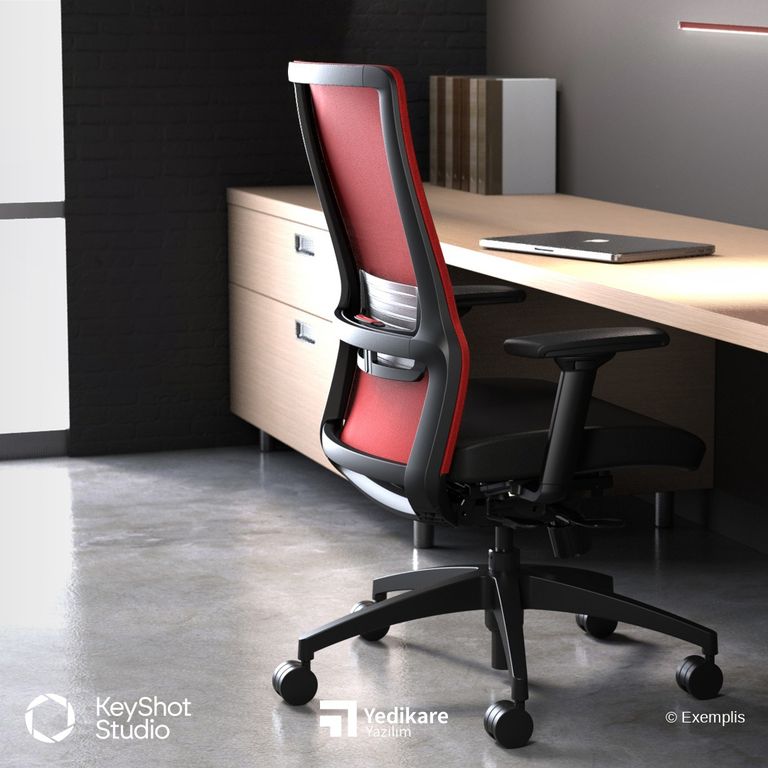 Exemplis Novo ofis koltuğunun KeyShot ile hazırlanmış, ahşap dolap ve ofis ortamı içindeki render'ı