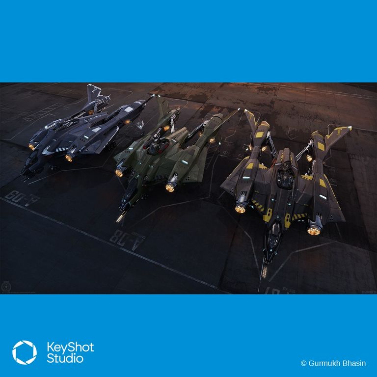 Gurmukh Bhasin'in KeyShot ile render ettiği, hangar zemininde yan yana duran konsept uzay gemileri