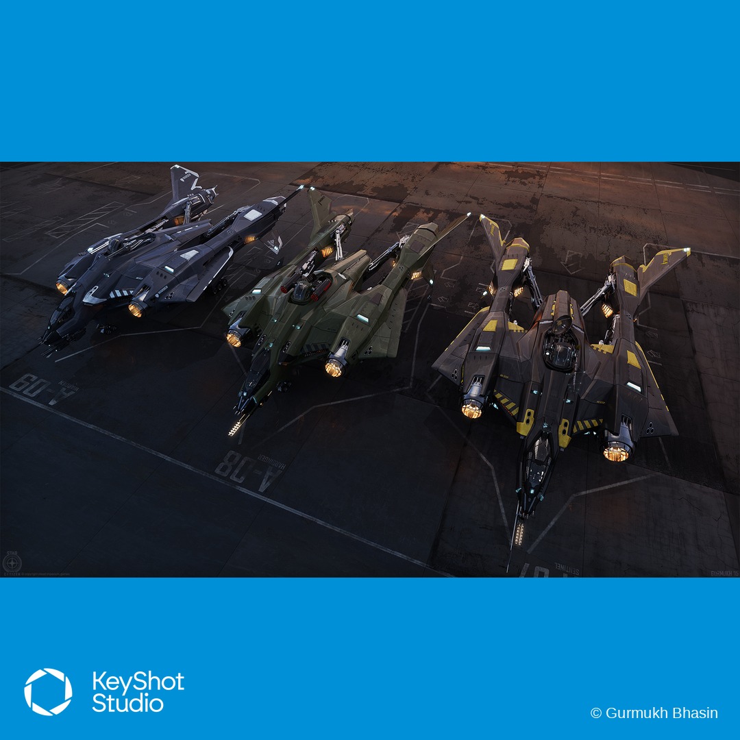 Gurmukh Bhasin'in KeyShot ile render ettiği, hangar zemininde yan yana duran konsept uzay gemileri