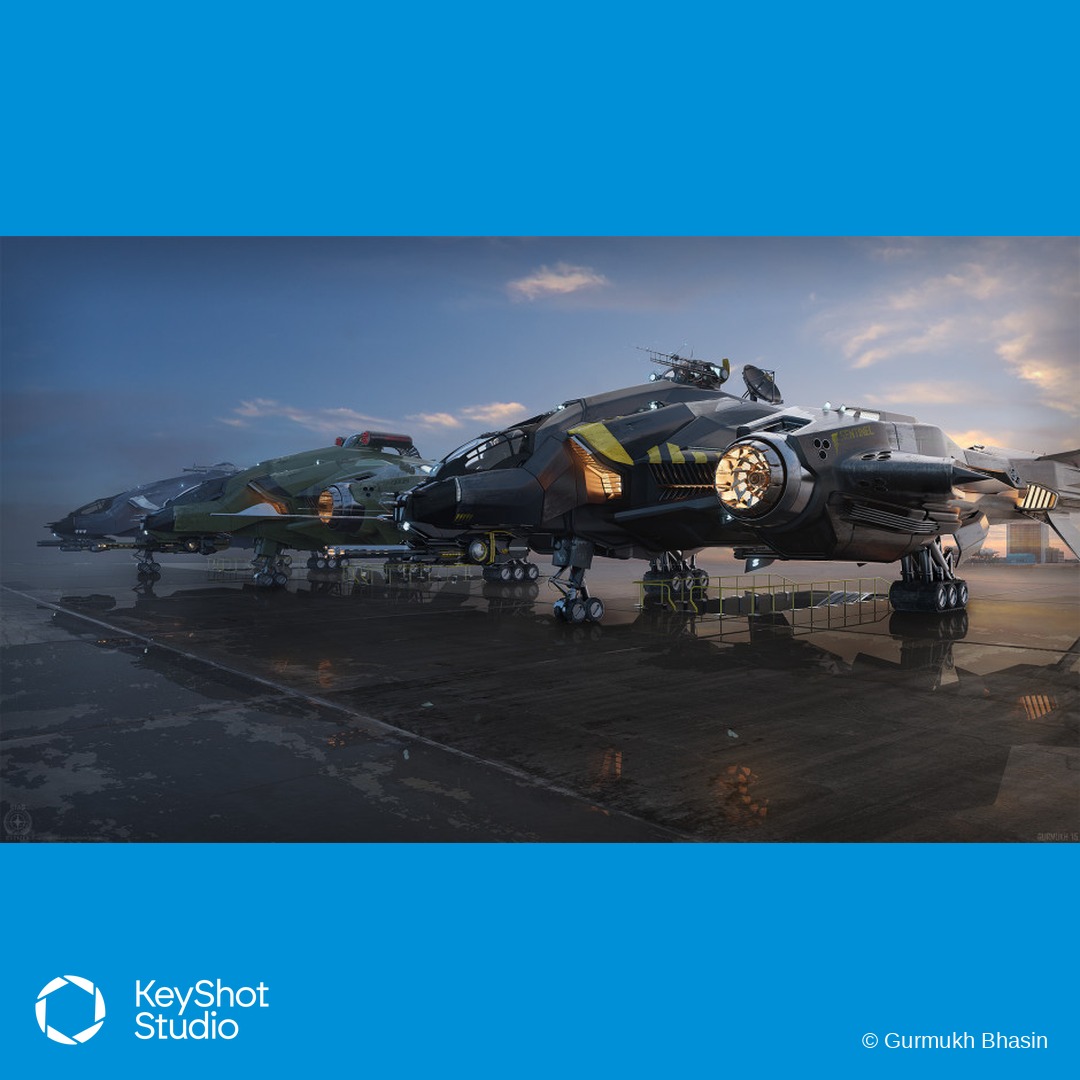 Gurmukh Bhasin'in KeyShot ile render ettiği, pistte duran konsept askeri uçak