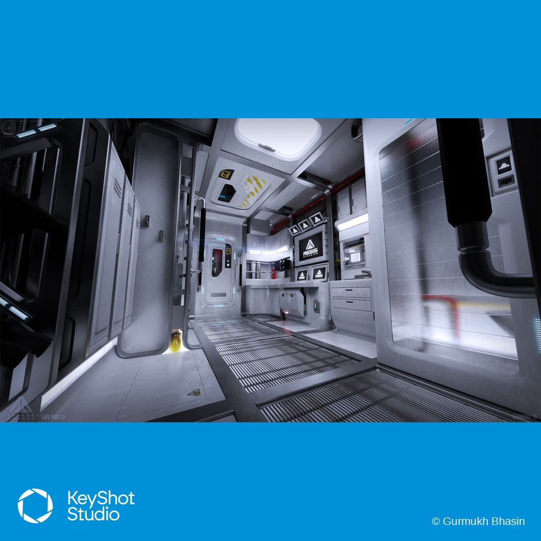 Gurmukh Bhasin'in KeyShot ile render ettiği bilim kurgu koridoru: metal paneller, uyarı şeritleri ve aydınlatma detayları