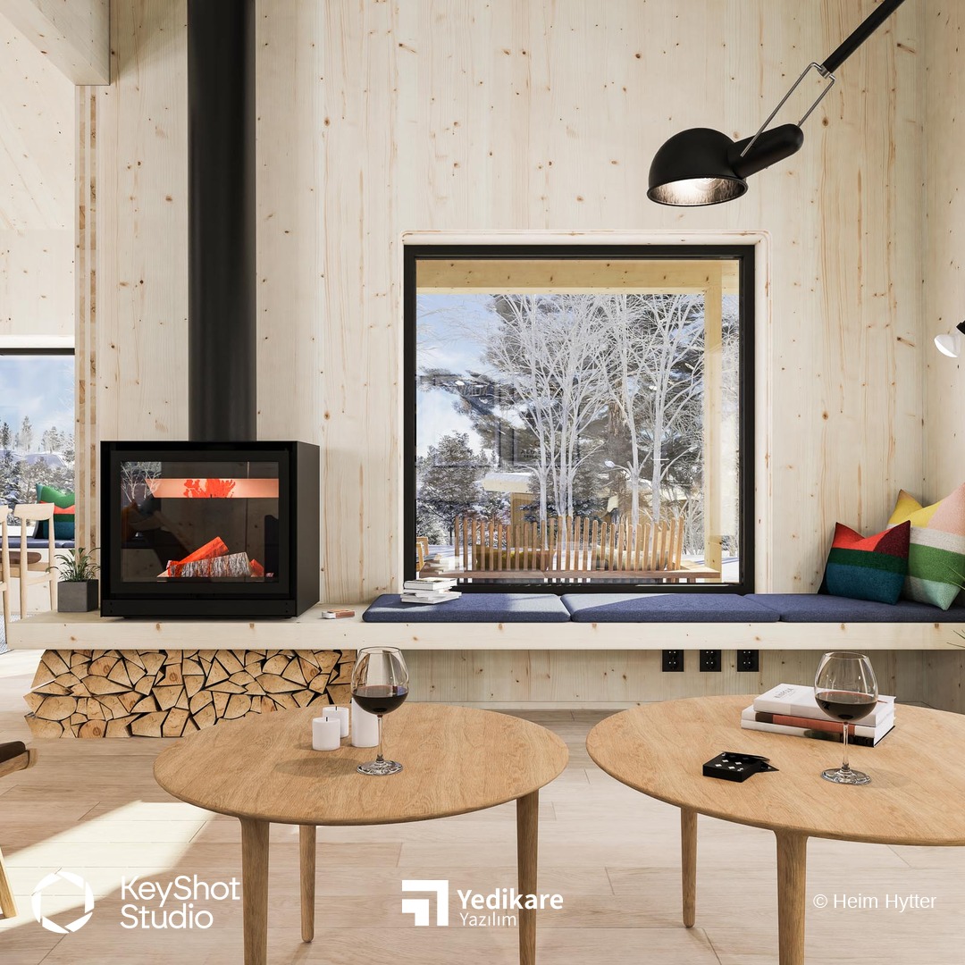 Heim Hytter kabininin KeyShot ile render edilmiş, şömineli ve pencereli ahşap oturma alanı