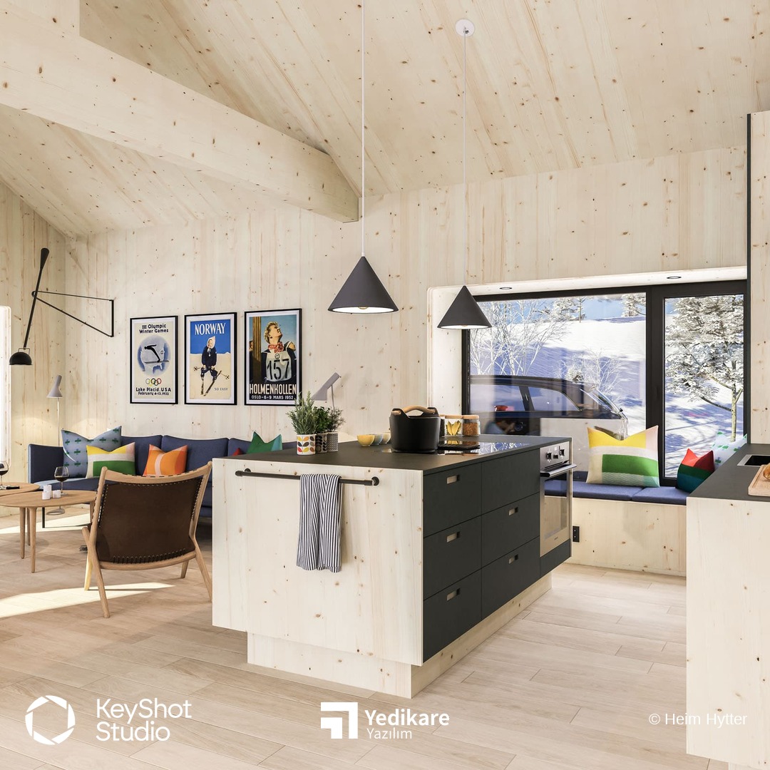 Heim Hytter kabininin KeyShot ile render edilmiş, ada tezgahlı ve manzara pencereli mutfak görünümü
