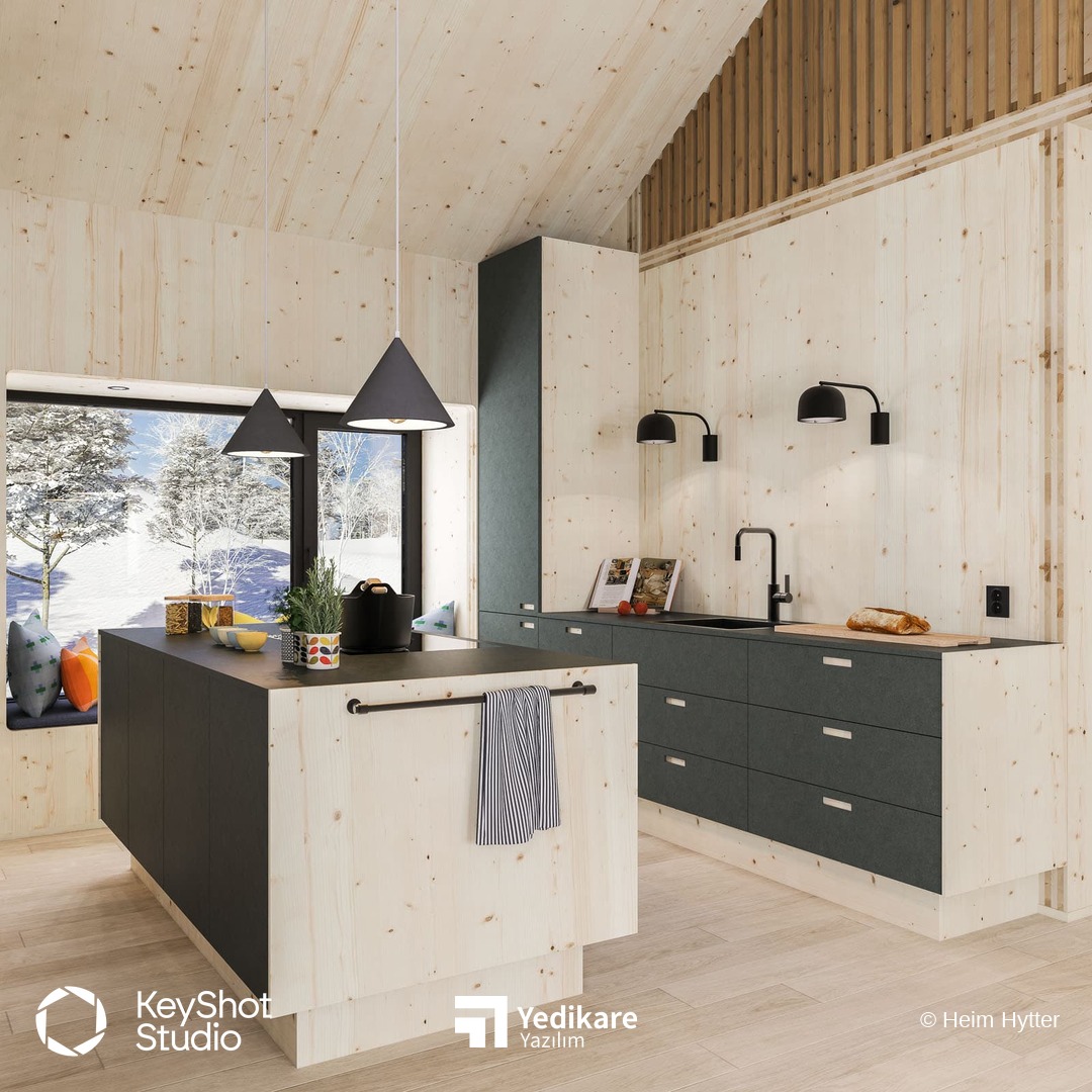 Heim Hytter kabininin KeyShot ile render edilmiş, oturma ve mutfak alanını birlikte gösteren iç mekan görünümü