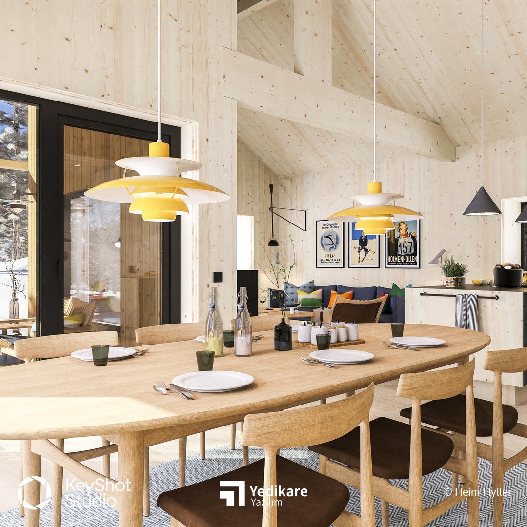 Heim Hytter kabininin KeyShot ile render edilmiş, uzun yemek masası ve sarı sarkıt aydınlatmalı iç mekan görünümü