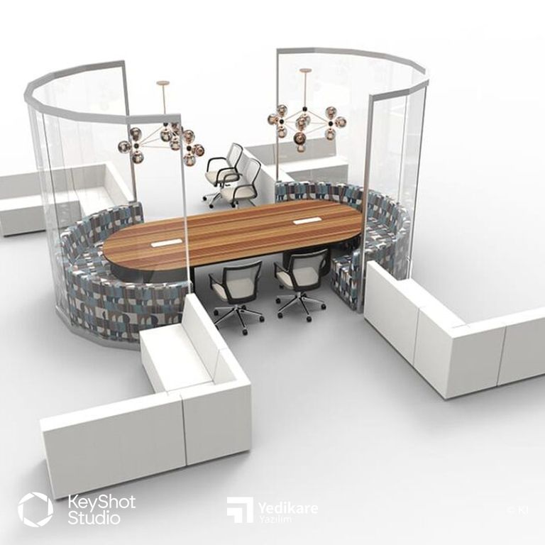 KI'nın KeyShot ile render ettiği, oval toplantı masası ve akustik bölücülerden oluşan ofis düzeni