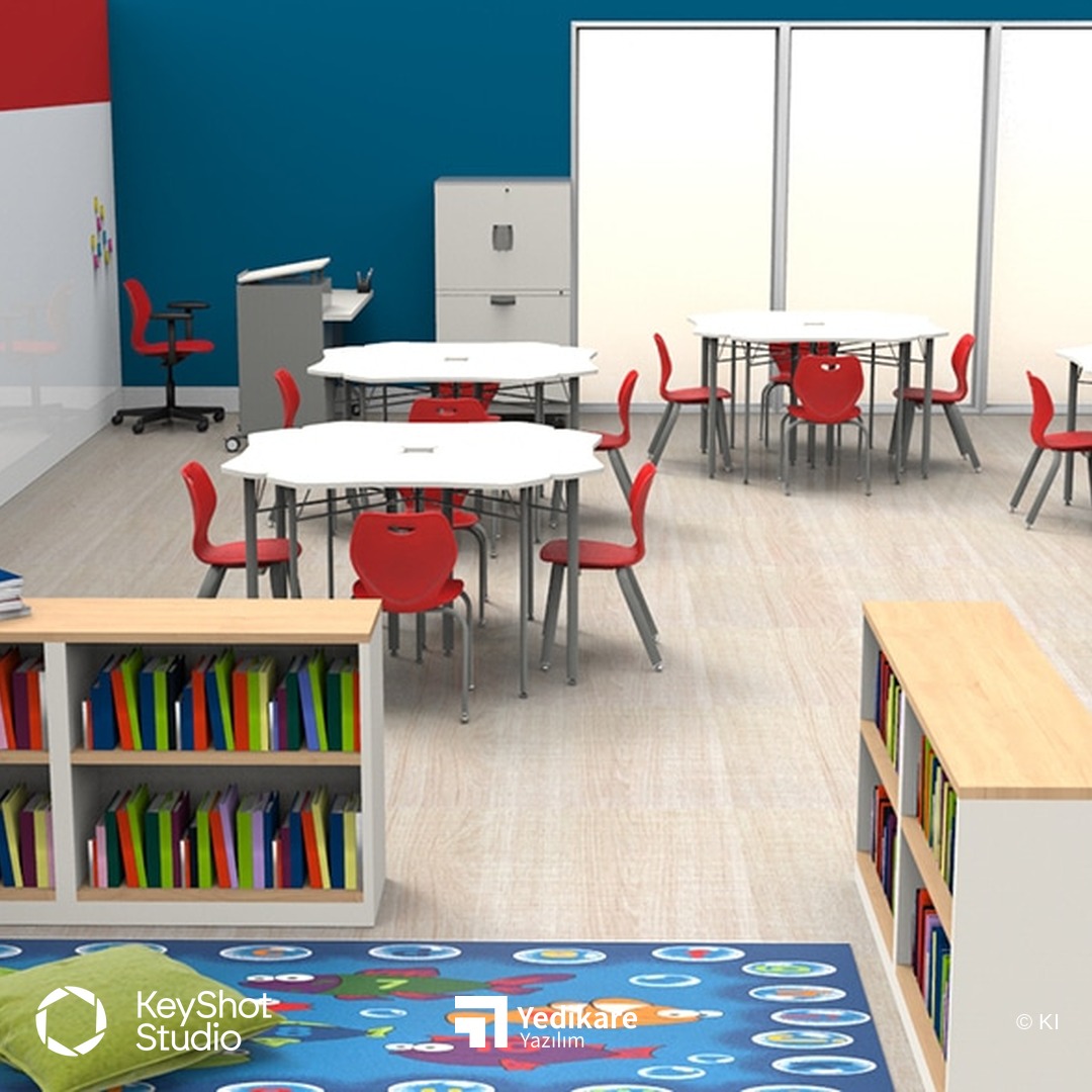KI'nın KeyShot ile render ettiği, kırmızı sandalyeler ve yuvarlak masalarla kurulmuş sınıf düzeni
