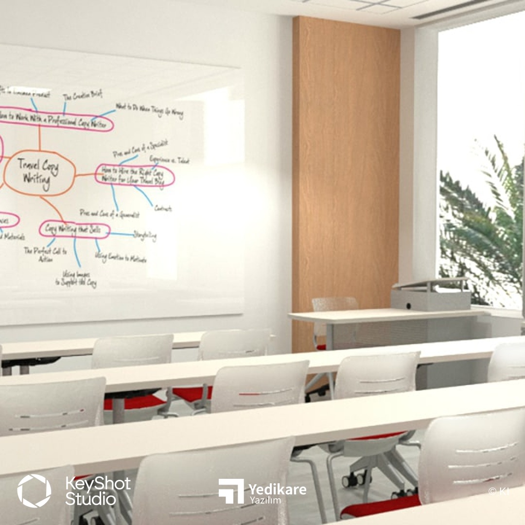 KI'nın KeyShot ile render ettiği, beyaz tahta ve depolama üniteleriyle eğitim alanı düzeni