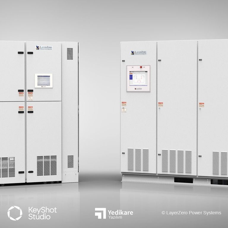 LayerZero'nun KeyShot ile render ettiği, dokunmatik ekranlı güç dağıtım panolarının yan yana görünümü