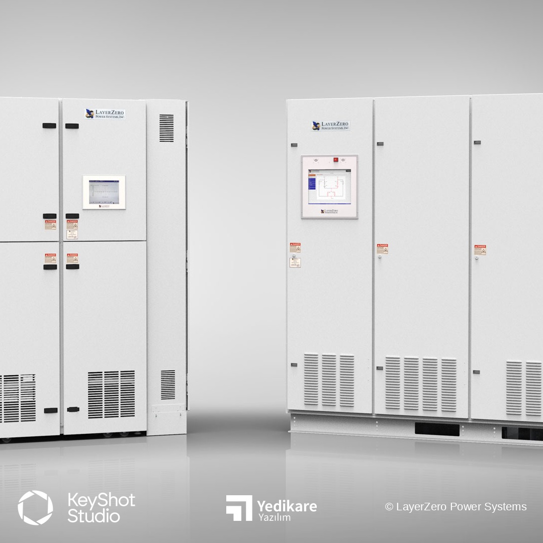 LayerZero'nun KeyShot ile render ettiği, dokunmatik ekranlı güç dağıtım panolarının yan yana görünümü