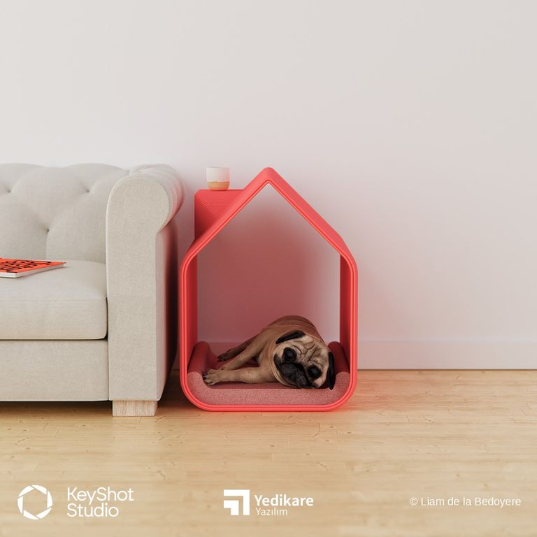 Liam de la Bedoyere'in KeyShot ile render ettiği, ev biçimli kırmızı köpek yatağı ve içinde uyuyan köpek