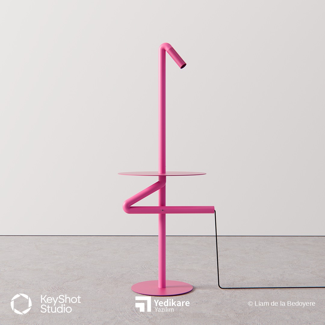 Liam de la Bedoyere'in KeyShot ile render ettiği, pembe metal gövdeli yan sehpa ve lamba tasarımı