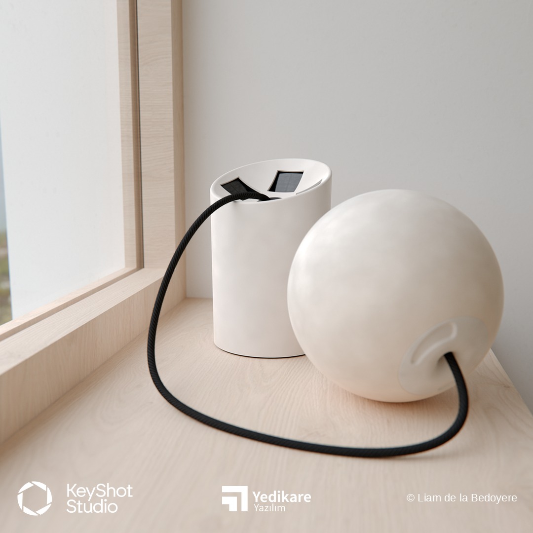 Liam de la Bedoyere'in KeyShot ile render ettiği, pencere önünde duran seramik gövdeli lamba tasarımı