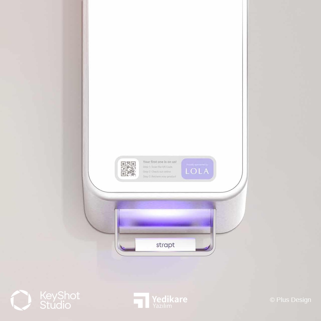 Plus Design'in Strapt cihazı için KeyShot ile hazırladığı, QR kod etiketli ön yüz detayı render'ı