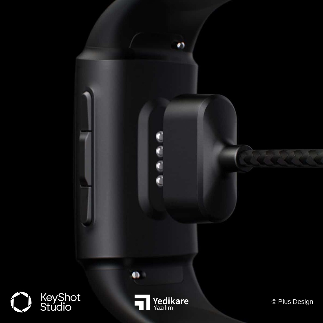 Plus Design'in giyilebilir cihazı için KeyShot ile hazırladığı, şarj bağlantısı ve kayış detayı render'ı