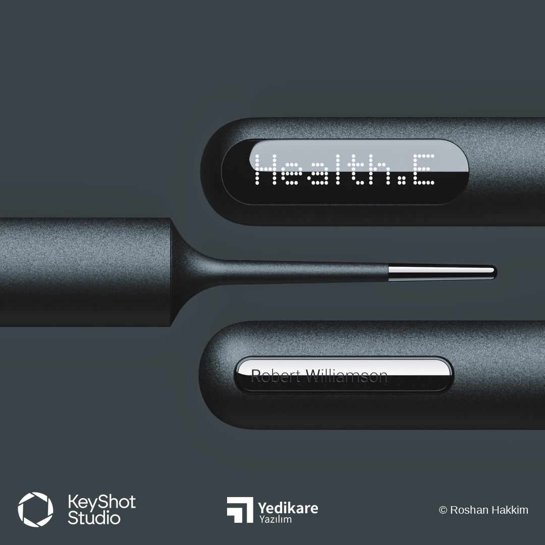 Roshan Hakkim'in KeyShot ile render ettiği, ekran göstergeli iki cihazın koyu zeminde yakın plan görünümü