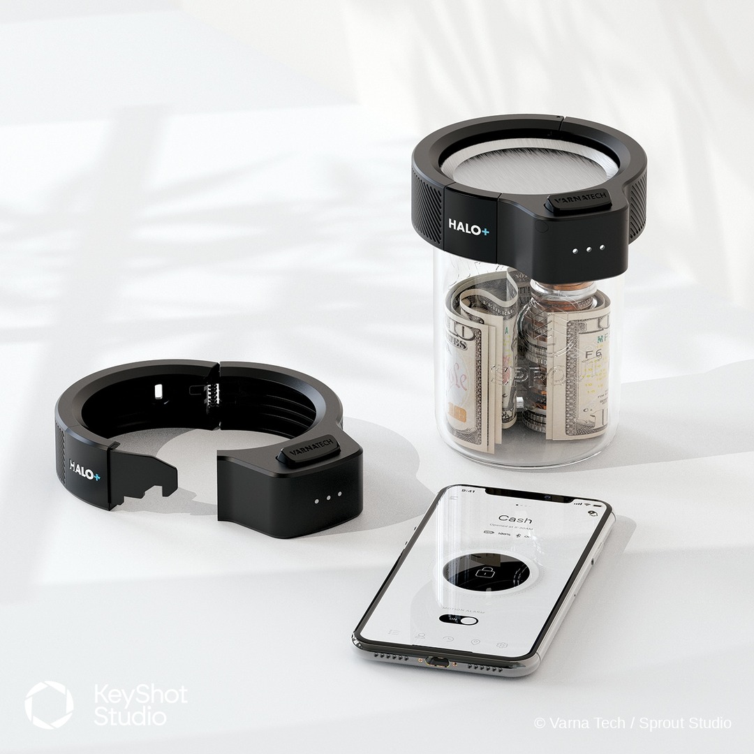 Varna Tech Halo+ kapağının kavanoz üzerinde ve telefondaki uygulama ekranıyla birlikte KeyShot render'ı